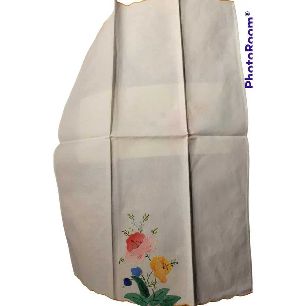 Starched Linen Tea Fingertip Towel Embroidered Floral Applique 22x14.5 inch Vtg